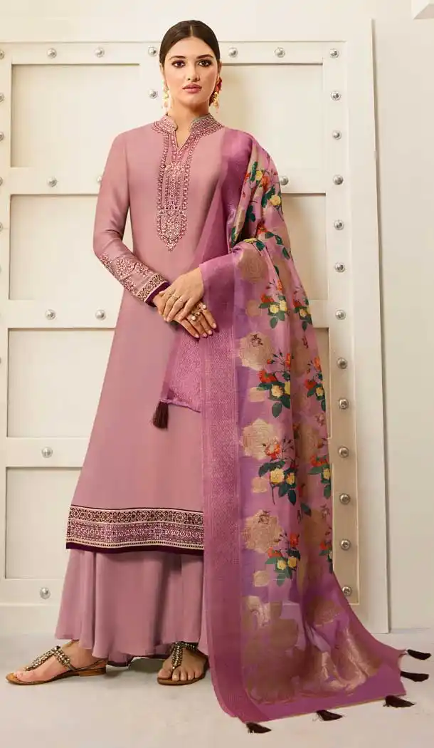 Alluring Old Rose Color Satin Georgette Party Wear Palazzo Suits -676584918