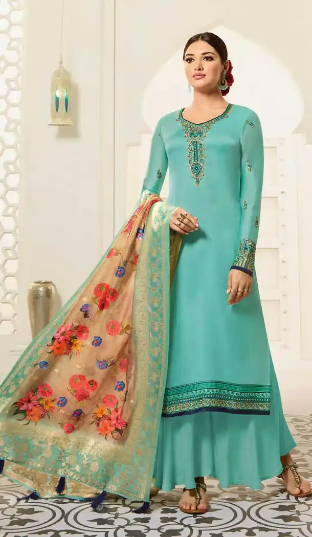 Dazzling Sky Blue Color Satin Georgette Party Wear Palazzo Suits -676584919