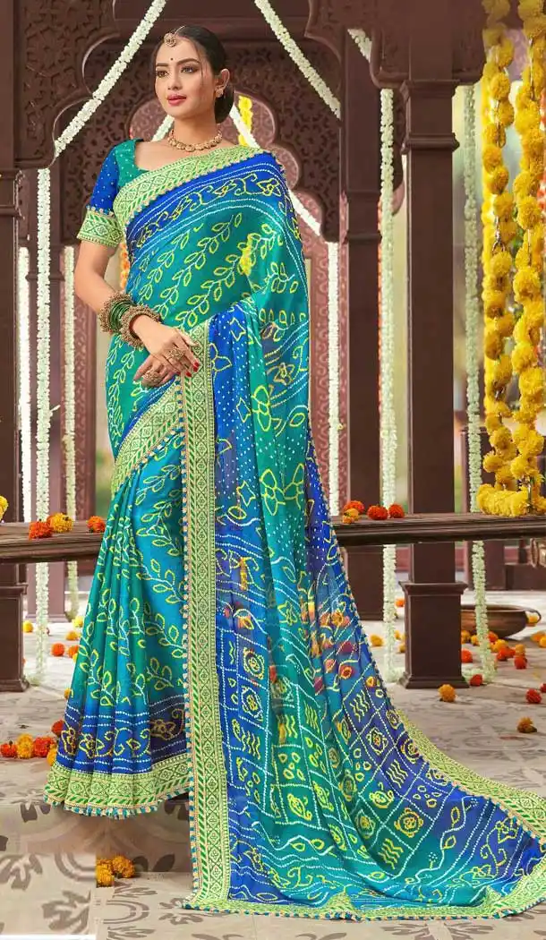 Mesmerizing Sky Blue Color Chiffon Gujarati Style Bandhani Saree -493567709