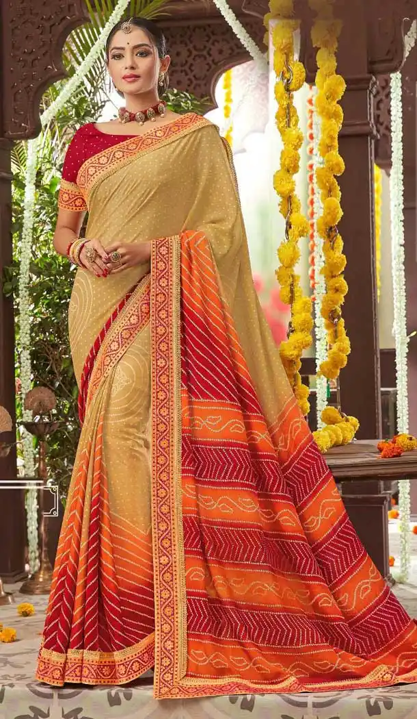 Exquisite Cream Color Chiffon Gujarati Style Bandhani Saree -493567710