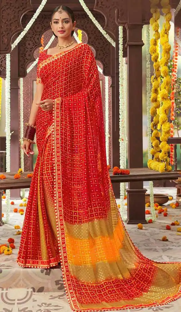 Elegant Red Color Chiffon Gujarati Style Bandhani Saree -493567711