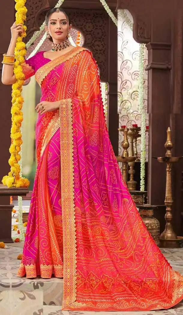 Contemporary Orange Color Chiffon Gujarati Style Bandhani Saree -493567712