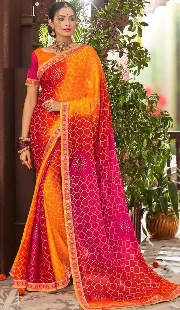 Chic Orange Color Chiffon Gujarati Style Bandhani Saree -493567714