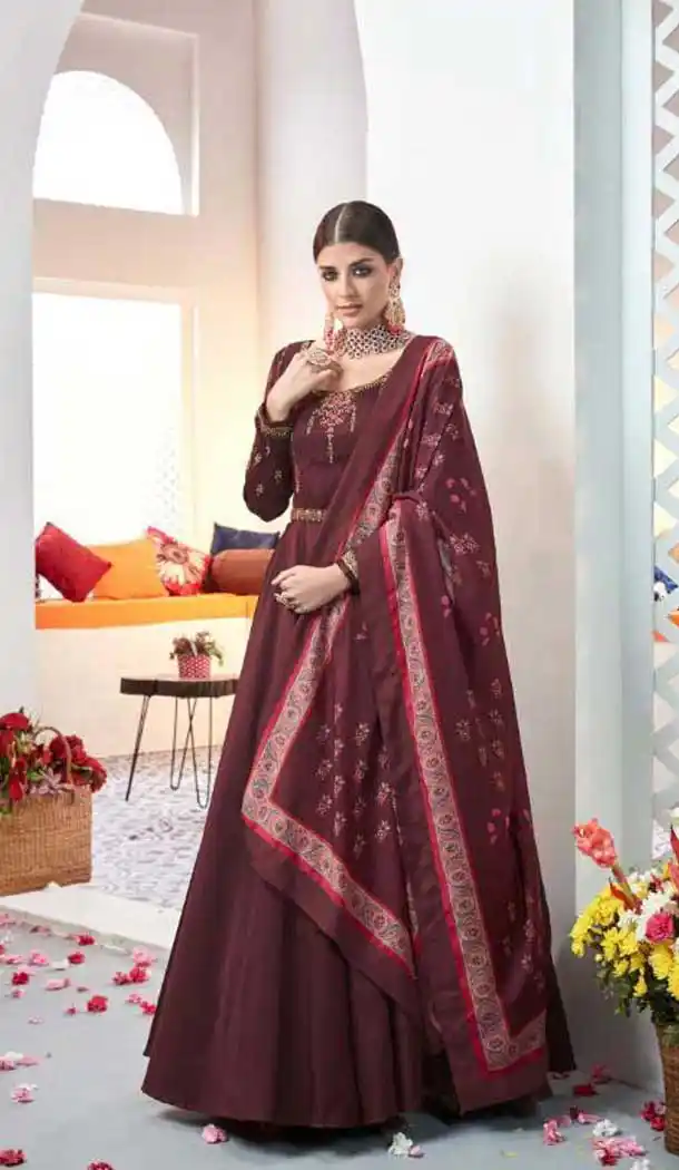 Charming Maroon Color Satin Digital Print Party Wear Indo Westarn Gown -493967738
