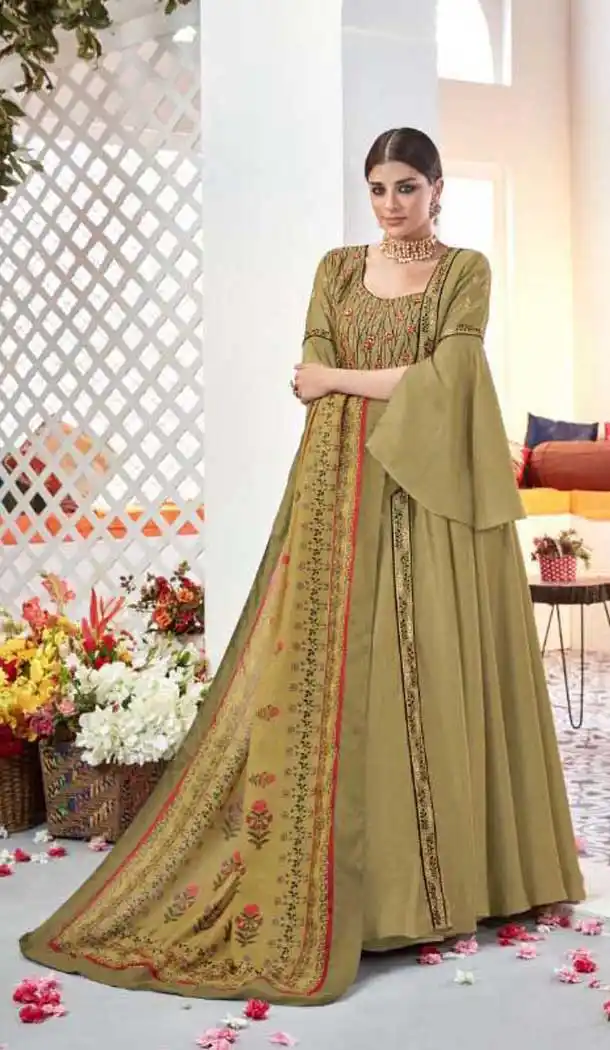 Mehandi Green Color Satin Digital Print Party Wear Indo Westarn Gown -493967739