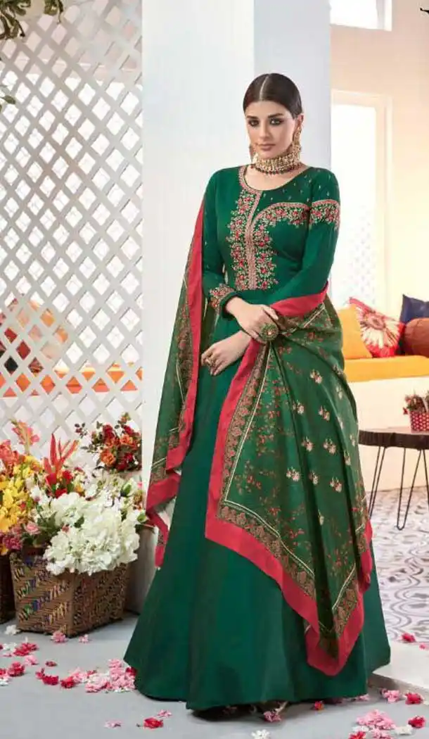 Divine Green Color Satin Digital Print Party Wear Indo Westarn Gown -493967740