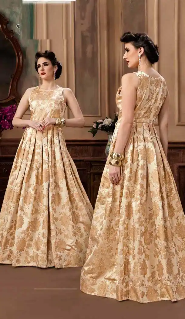 Cream Color Jacquard Party Wear Designer Gown For Girls -494467779