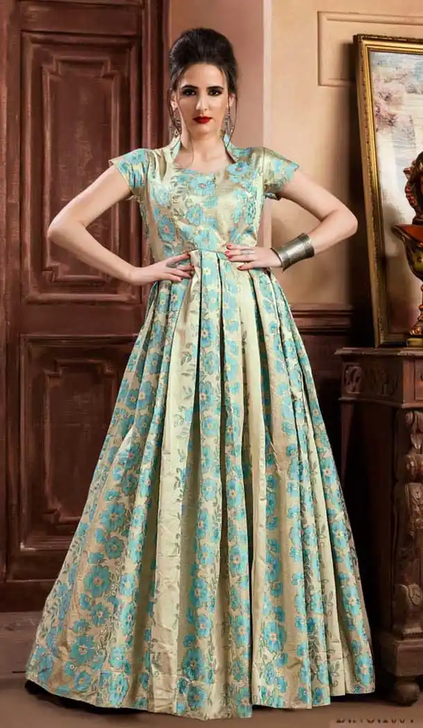 Classy Sky Blue Color Jacquard Party Wear Designer Gown For Girls -494467780