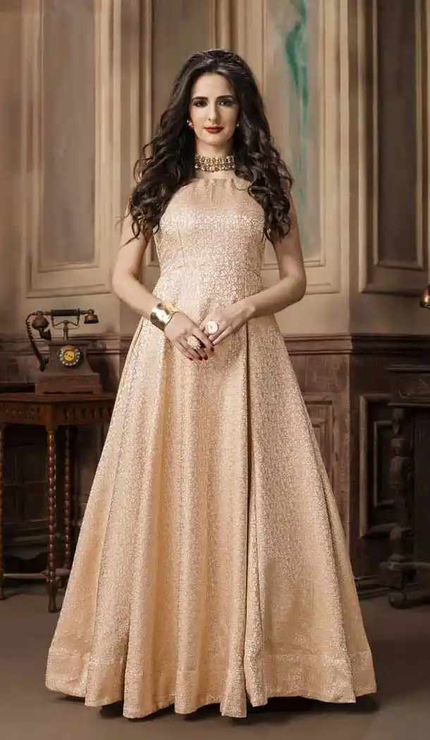 Golden Color Jacquard Party Wear Designer Gown For Girls -494467781