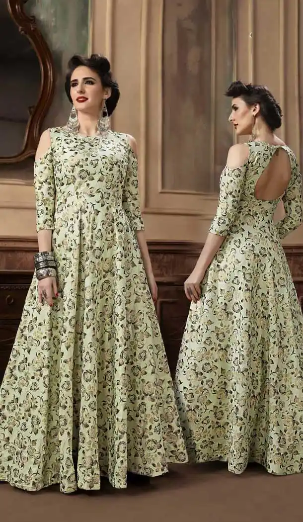 Ethnic Green Color Jacquard Party Wear Designer Gown For Girls -494467782