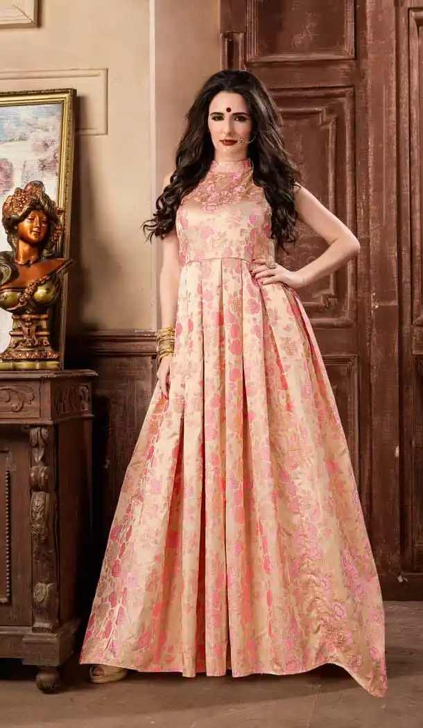 Light Pink Color Jacquard Party Wear Designer Gown For Girls -494467783