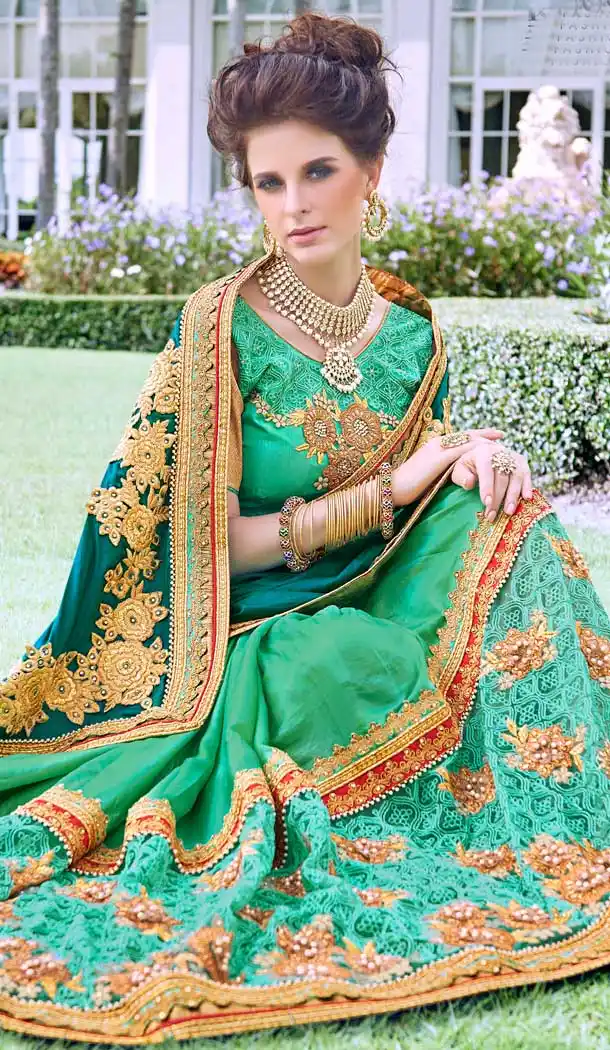 Alluring Green Color Fancy Heavy Embroidred Designer Bridal Saree -679085148