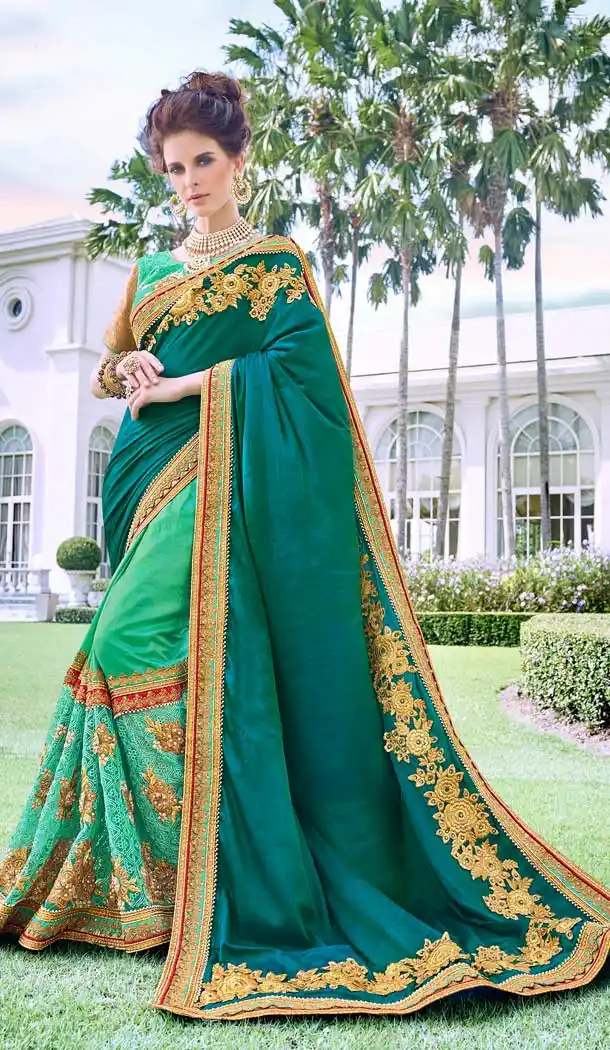 Alluring Green Color Fancy Heavy Embroidred Designer Bridal Saree -679085148