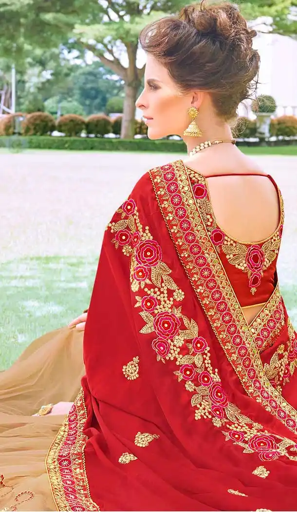 Red Beige Color Fancy Heavy Embroidred Designer Bridal Saree -679085151