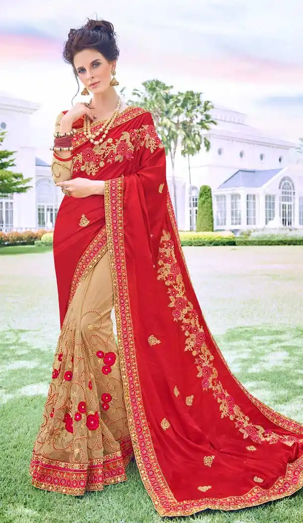 Red Beige Color Fancy Heavy Embroidred Designer Bridal Saree -679085151