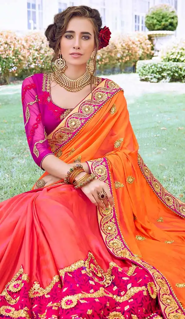 Unique Multi Color Fancy Heavy Embroidred Designer Bridal Saree -679085155