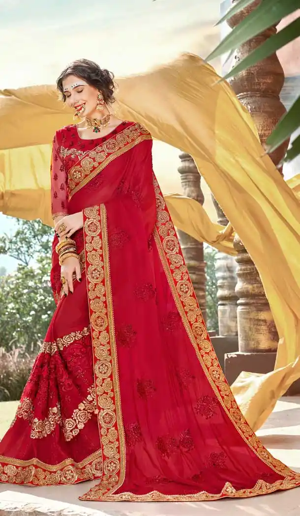Red Color Georgette Heavy Embroidred Designer Party Saree -679785234