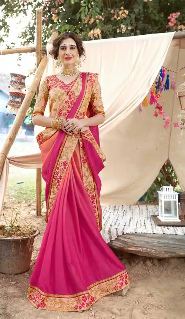 Adorable Pink Color Georgette Heavy Embroidered Designer Party Saree -679785236