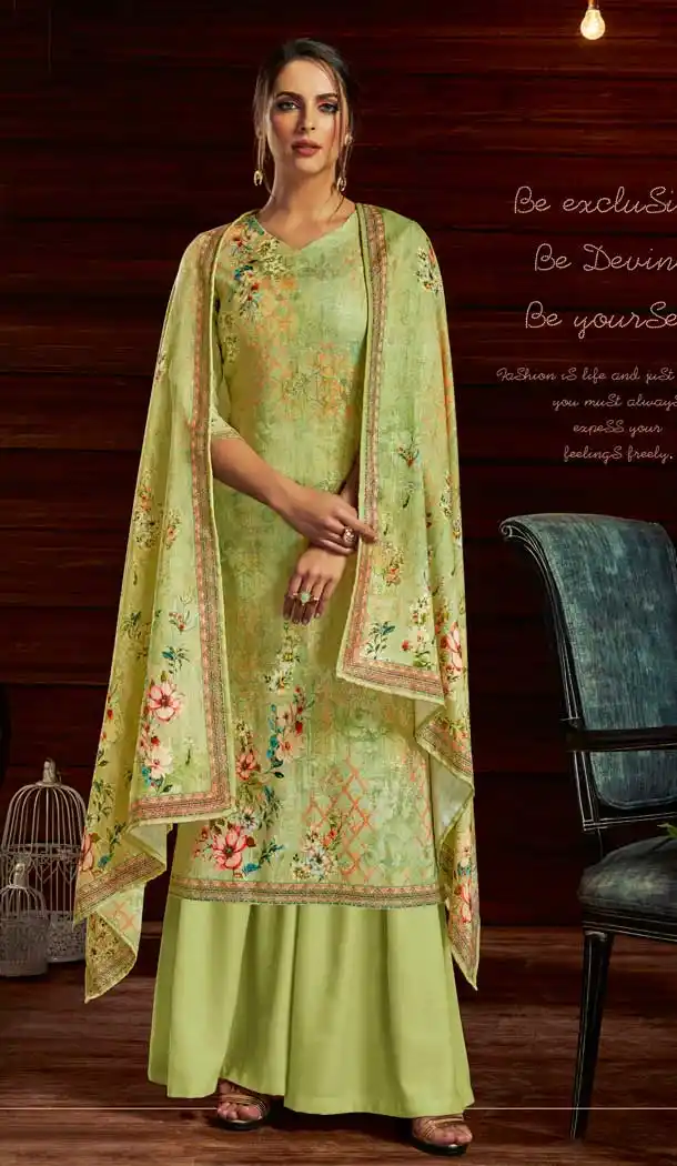 Light Green Color Pure Pashmina Winter Wear Casual Palazzo Suit -679385174