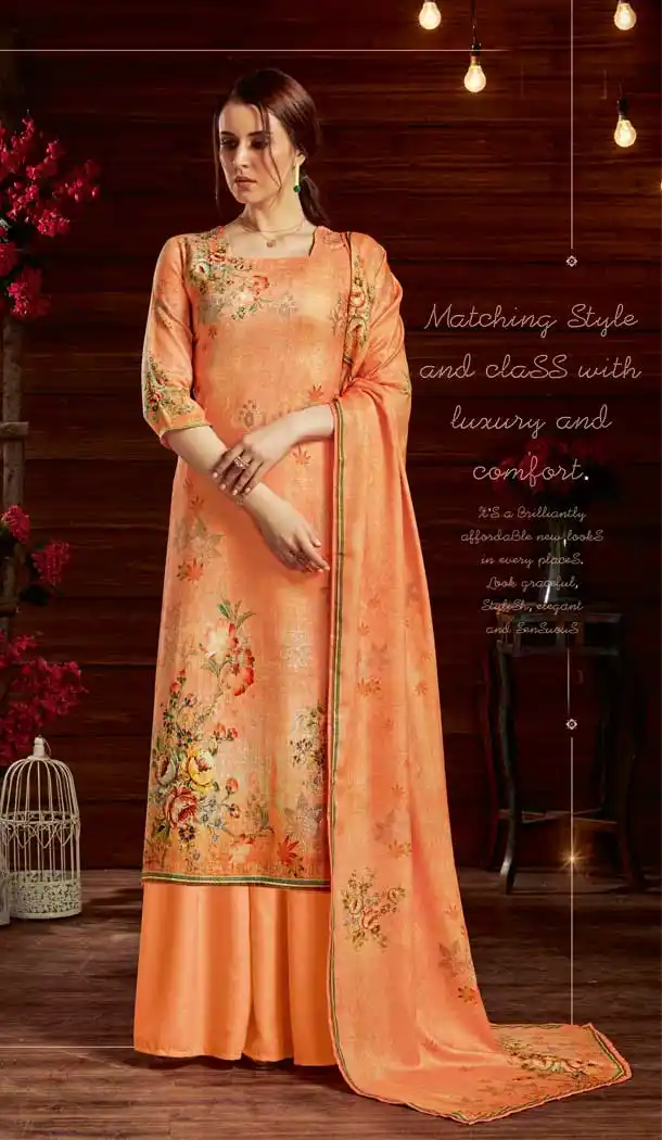 Enigmatic Orange Color Pure Pashmina Winter Wear Casual Palazzo Suit -679385176