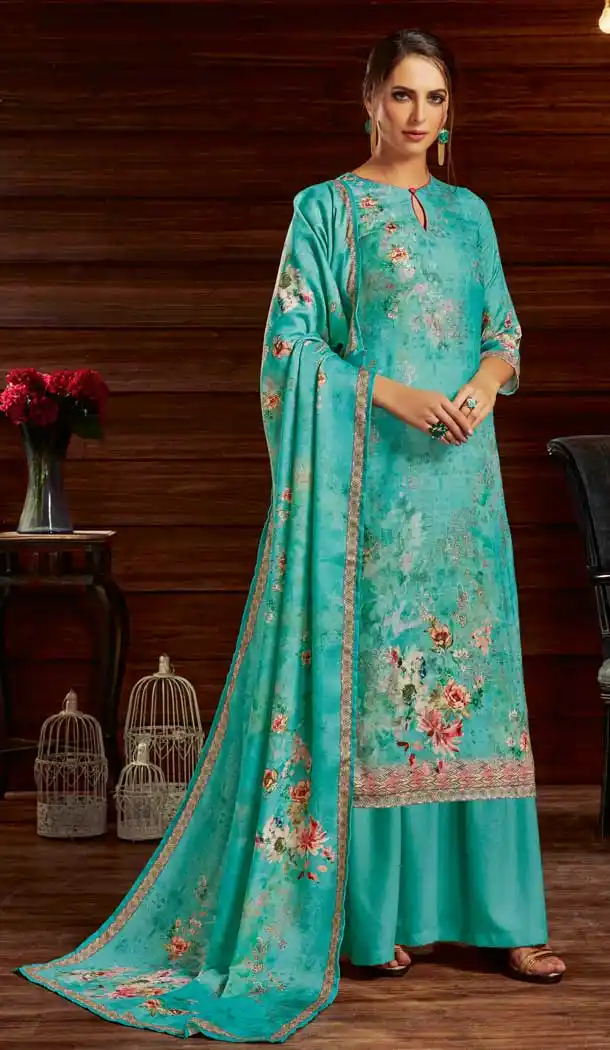 Elegance Sea Green Color Pure Pashmina Winter Wear Casual Palazzo Suit -679385177