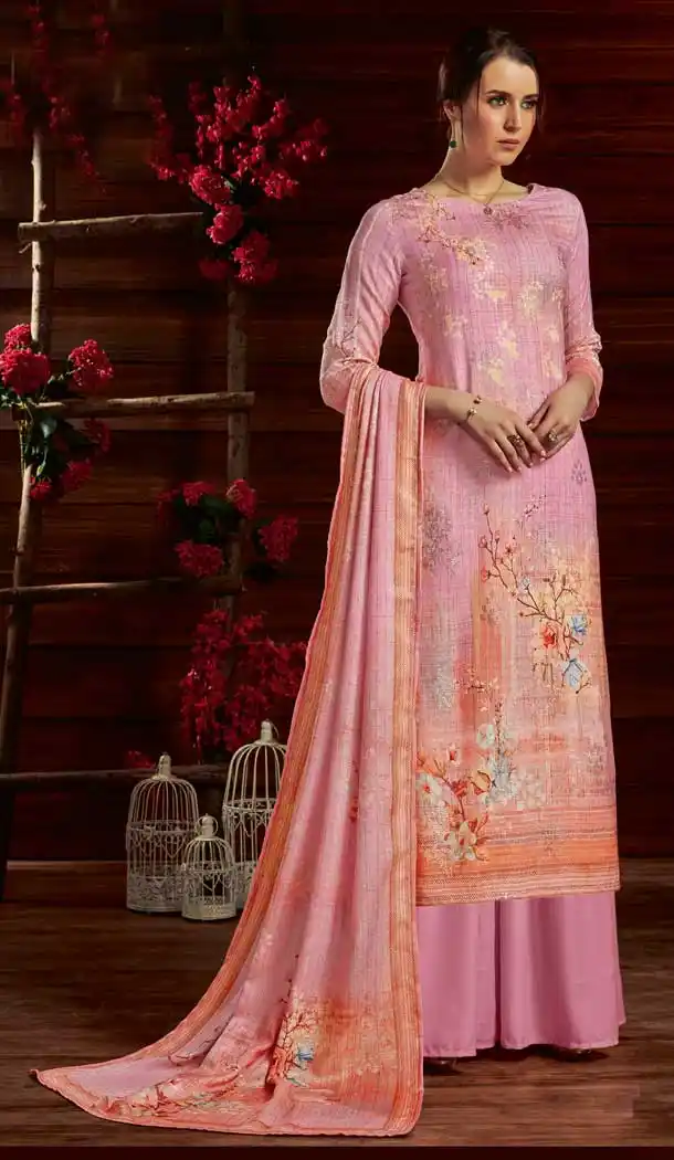 Classy Light Pink Color Pure Pashmina Winter Wear Casual Palazzo Suit -679385179