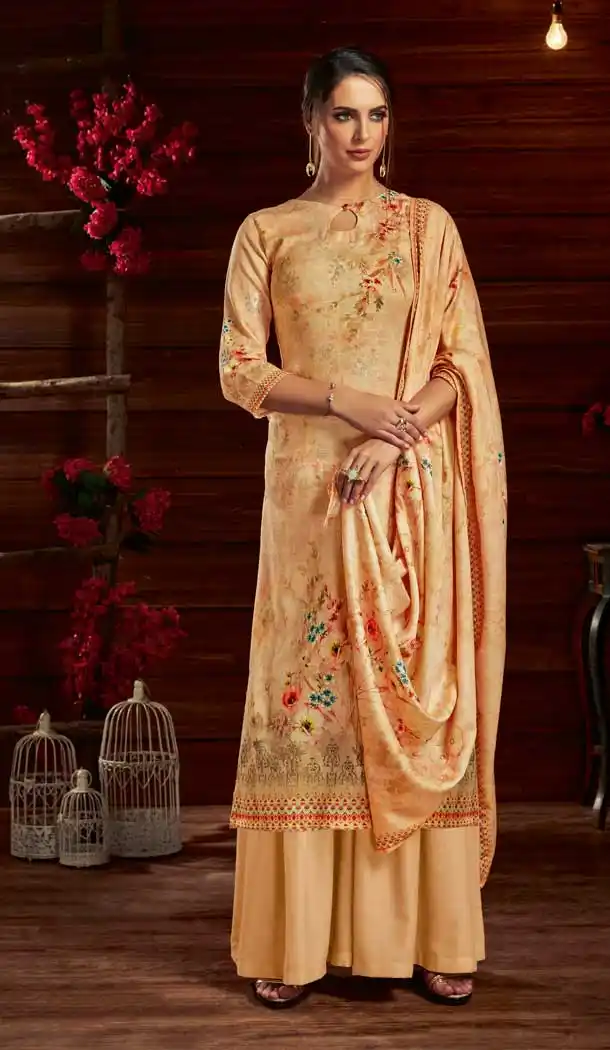 Majesty Cream Color Pure Pashmina Winter Wear Casual Palazzo Suit -679385180