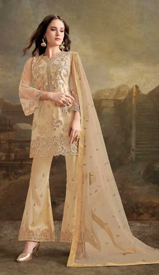 Fascinating Beige Color Super Net Heavy Embroidery Designer Salwar Suit -682785507