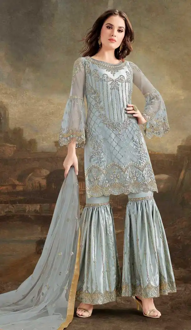 Melodic Grey Color Super Net Heavy Embroidery Designer Salwar Suit -682785508