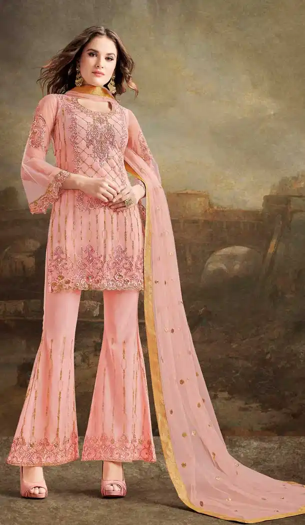 Flamboyant Peach Color Super Net Heavy Embroidery Designer Salwar Suit -682785512