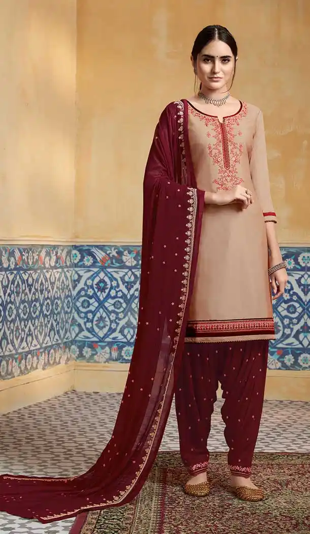 Attractive Beige Color Pure Satin Party Wear Patiyala Salwar Suits -684285644