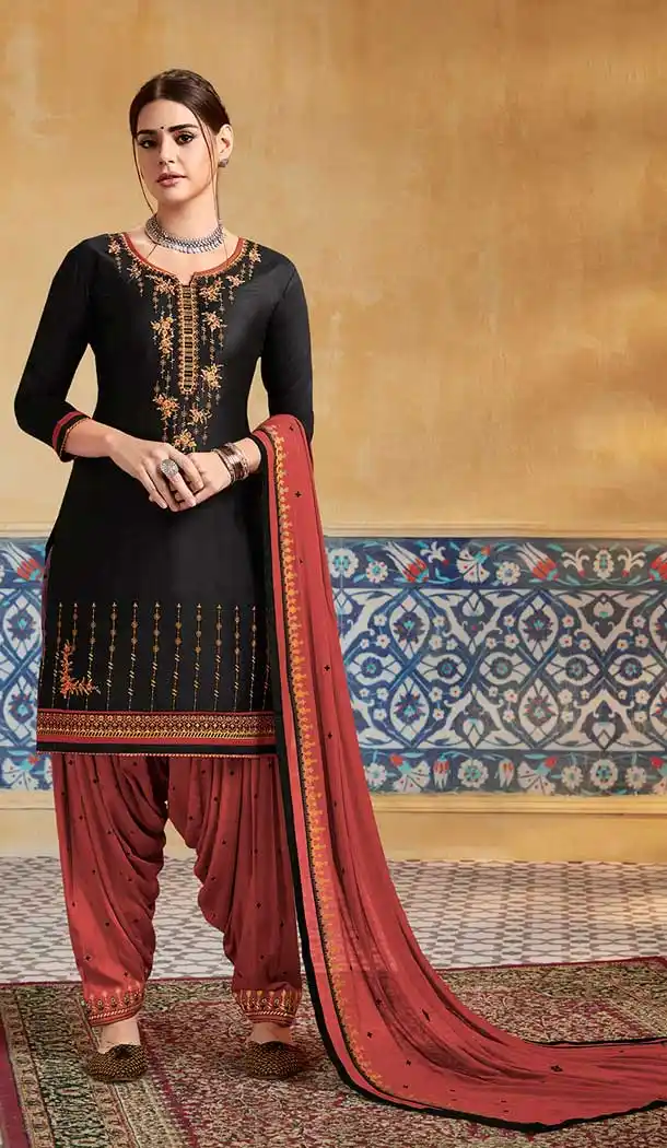 Gorgeous Black Color Pure Satin Party Wear Patiyala Salwar Suits -684285645