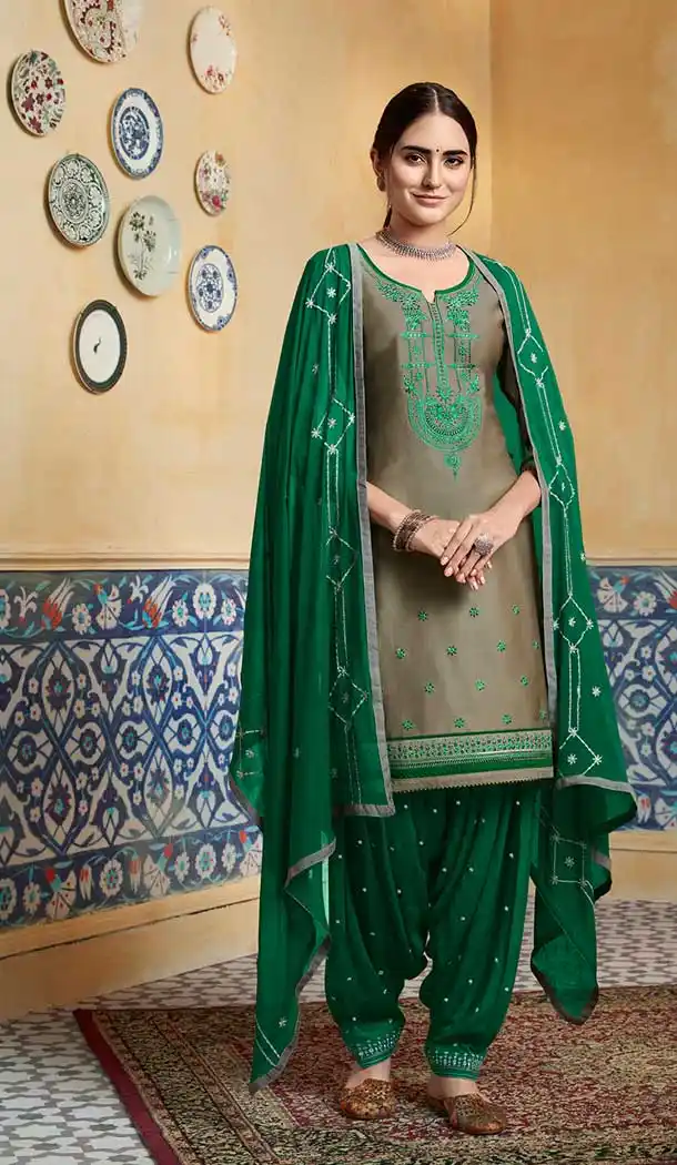 Exotic Tan Brown Color Pure Satin Party Wear Patiyala Salwar Suits -684285646