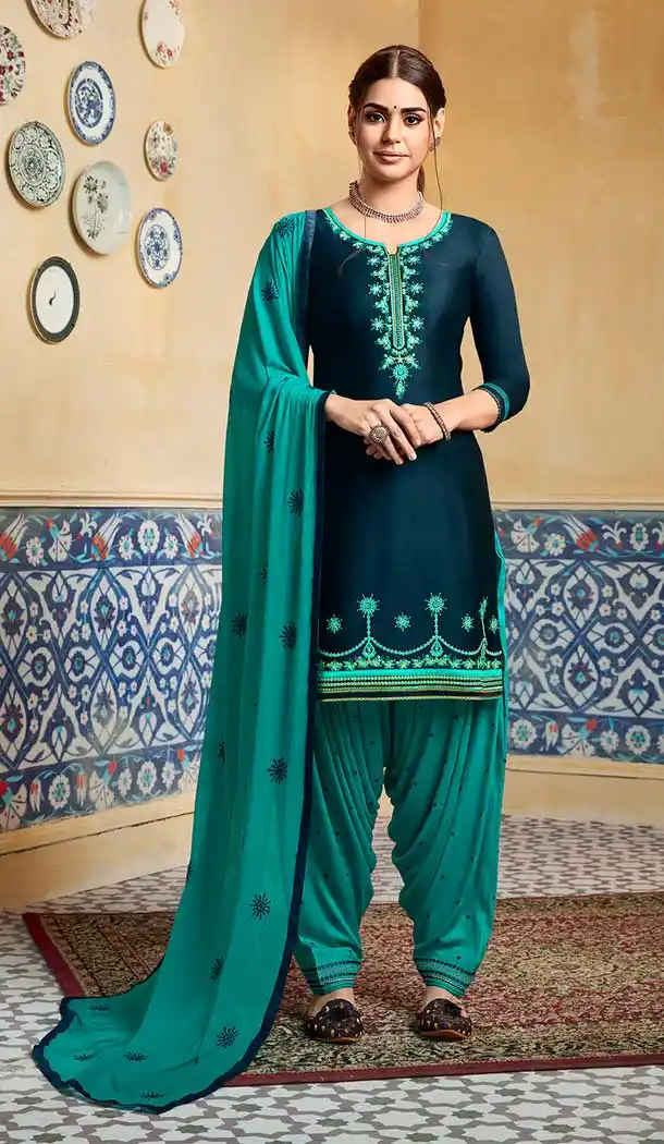 Dark Blue Color Pure Satin Party Wear Patiyala Salwar Suits -684285648