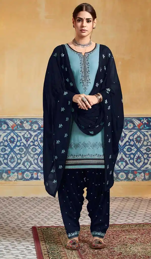 Unique Teal Blue Color Pure Satin Party Wear Patiyala Salwar Suits -684285649