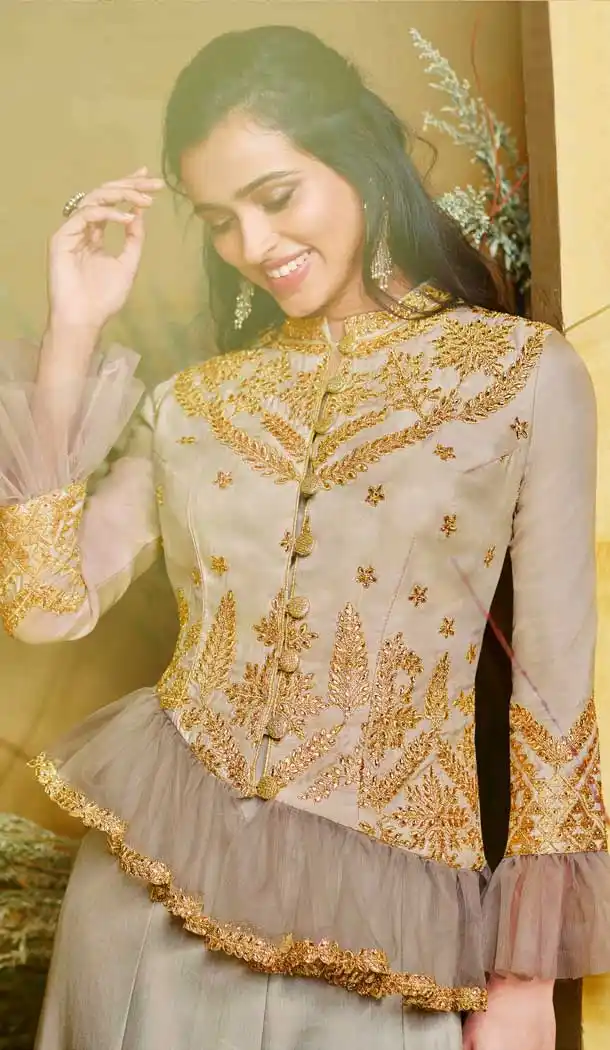Beige Color Heavy Net With Pure Silk Designer Salwar Kameez -684785675