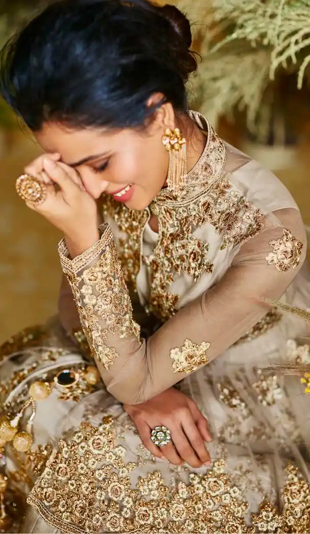 Pretty Tan Color Heavy Net With Pure Silk Designer Salwar Kameez -684785680