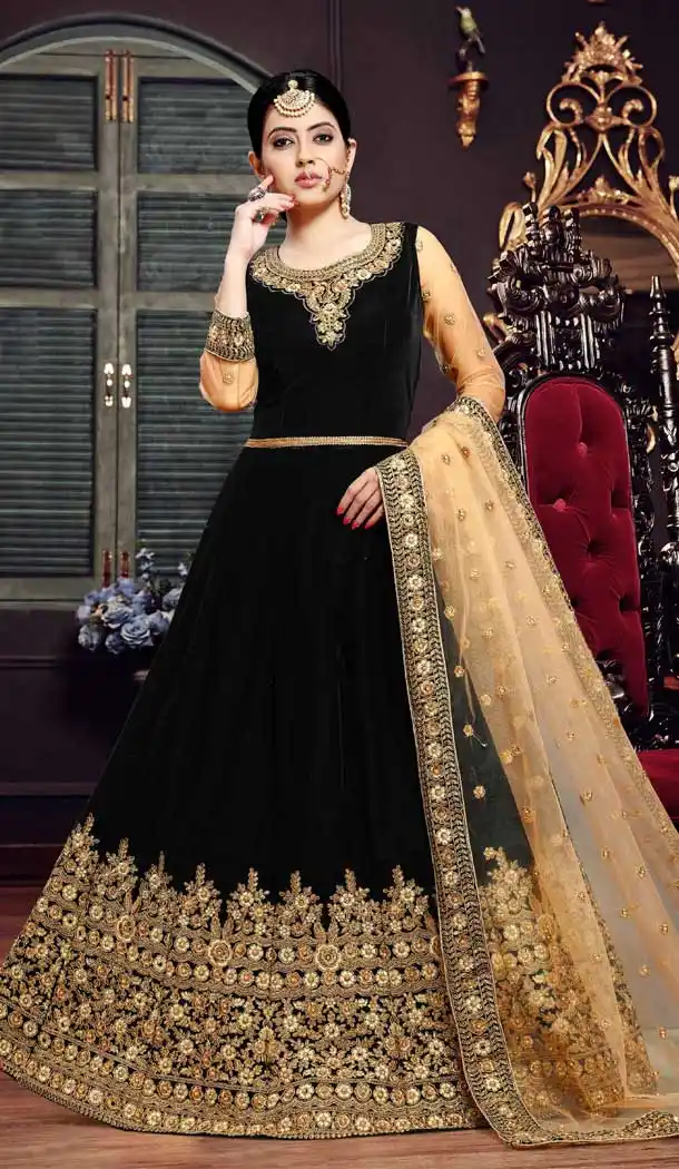 Vivacious Black Color Velvet Designer Pakistnia Aanarkali Suit -684885681