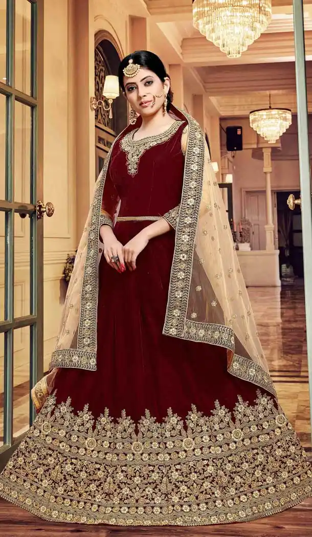 Luscious Maroon Color Velvet Designer Pakistnia Aanarkali Suit -684885682