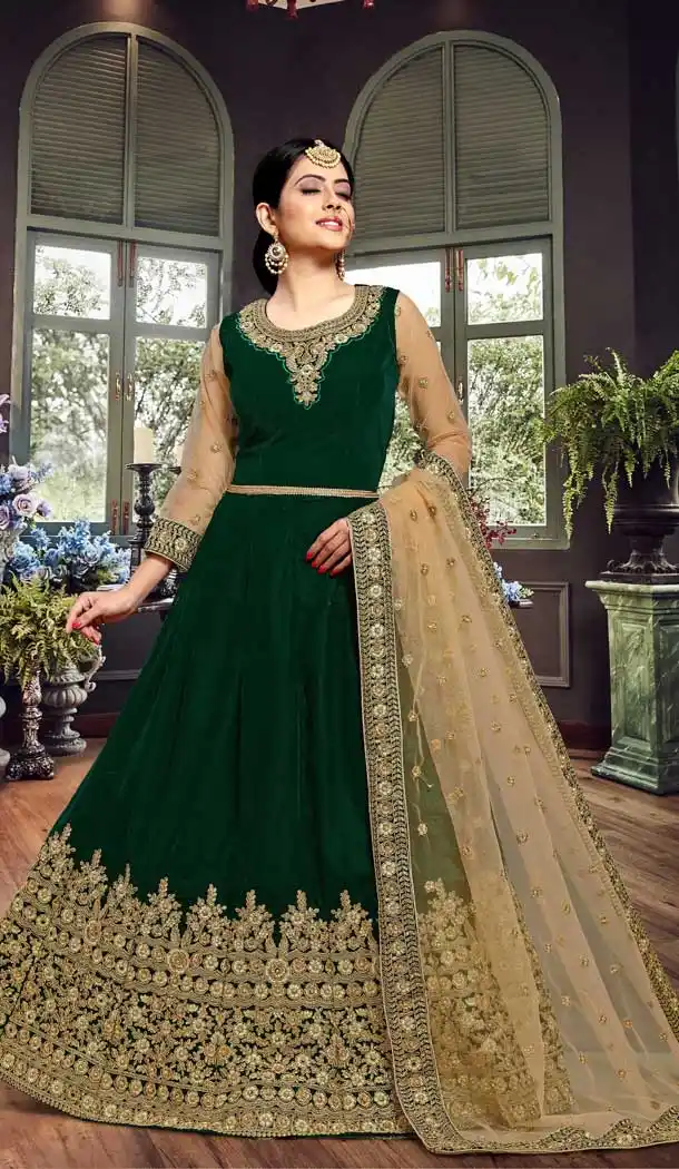 Charming Dark Green Color Velvet Designer Pakistnia Aanarkali Suit -684885683