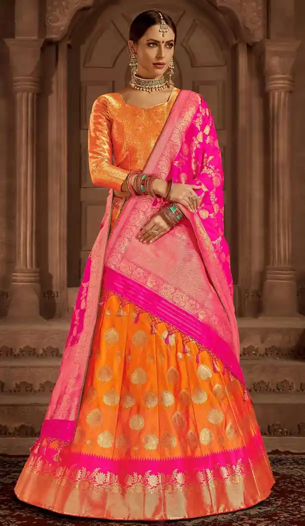 Sparkling Orange Color Banarasi Silk Designer Wedding Lehenga Choli -686085790