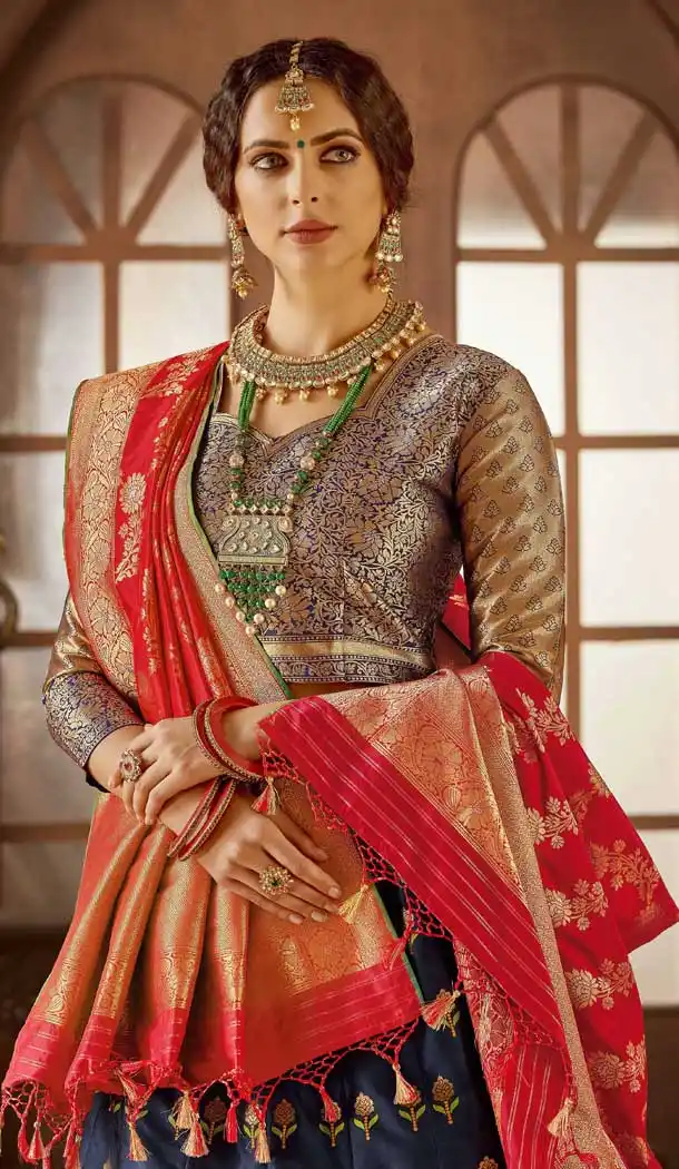 Navy Blue Color Banarasi Silk Designer Wedding Lehenga Choli -686085791