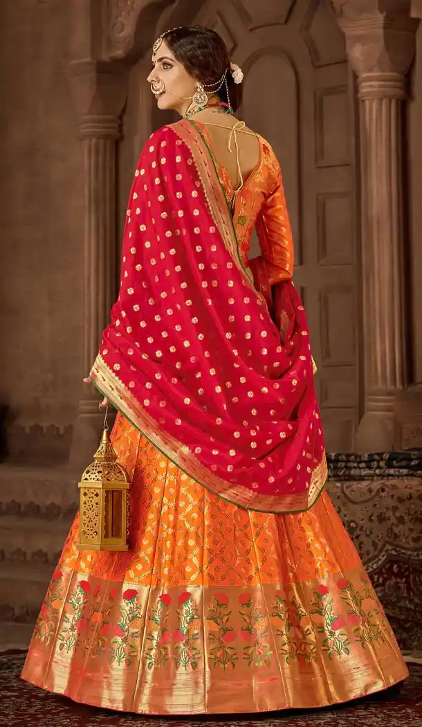 Classy Orange Color Banarasi Silk Designer Wedding Lehenga Choli -686085794