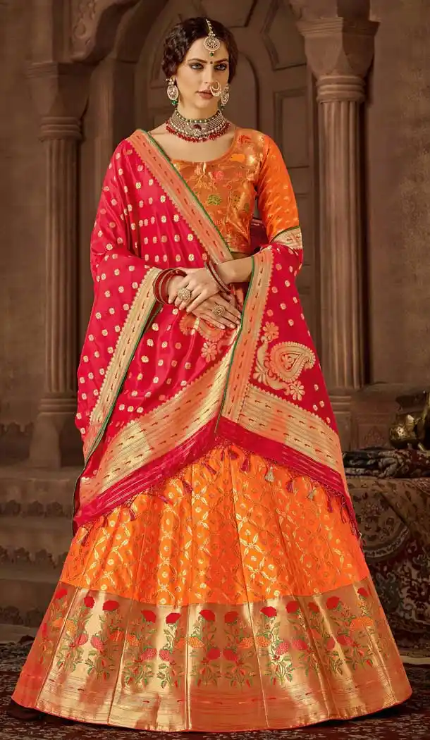Classy Orange Color Banarasi Silk Designer Wedding Lehenga Choli -686085794