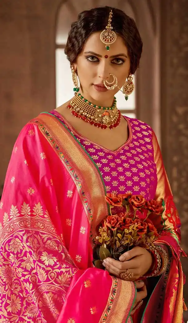 Chic Pink Color Banarasi Silk Designer Wedding Lehenga Choli -686085795