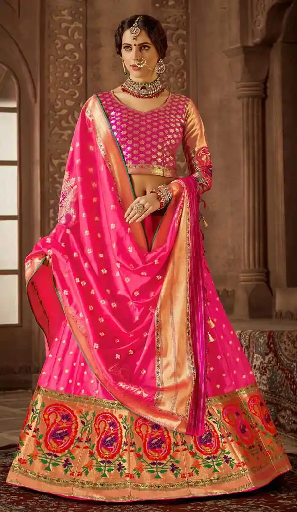 Chic Pink Color Banarasi Silk Designer Wedding Lehenga Choli -686085795