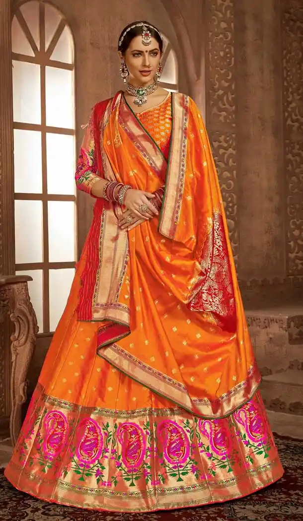 Ethnic Orange Color Banarasi Silk Designer Wedding Lehenga Choli -686085796