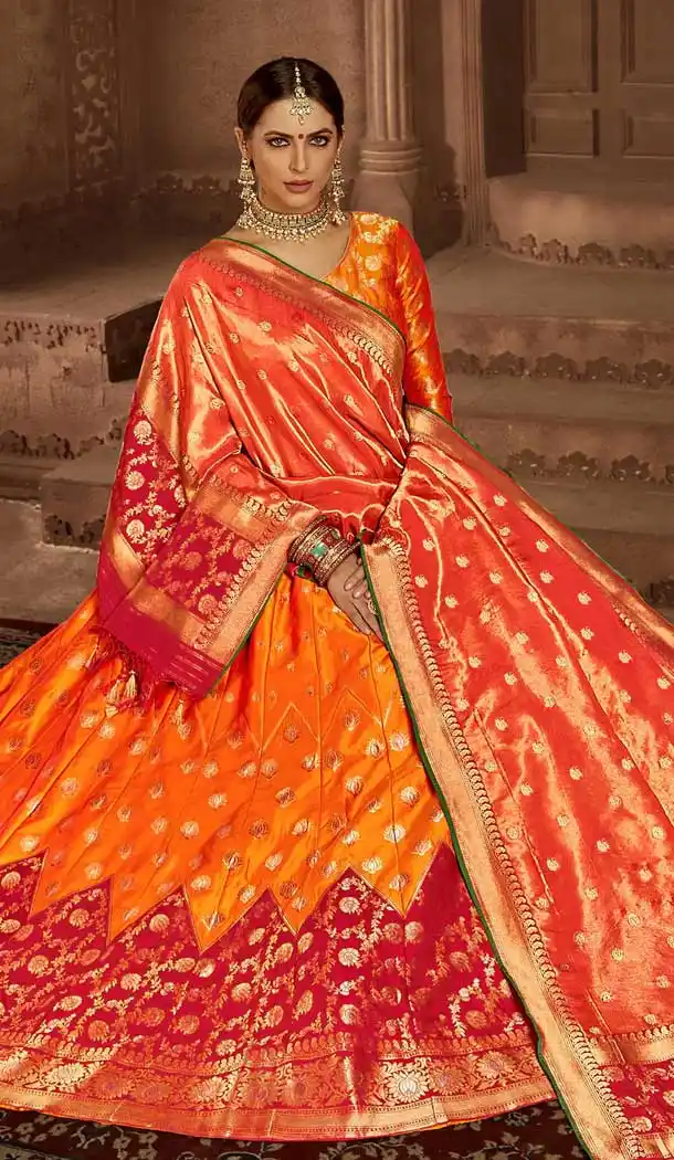  Orange Pink Color Banarasi Silk Designer Wedding Lehenga Choli -686085798