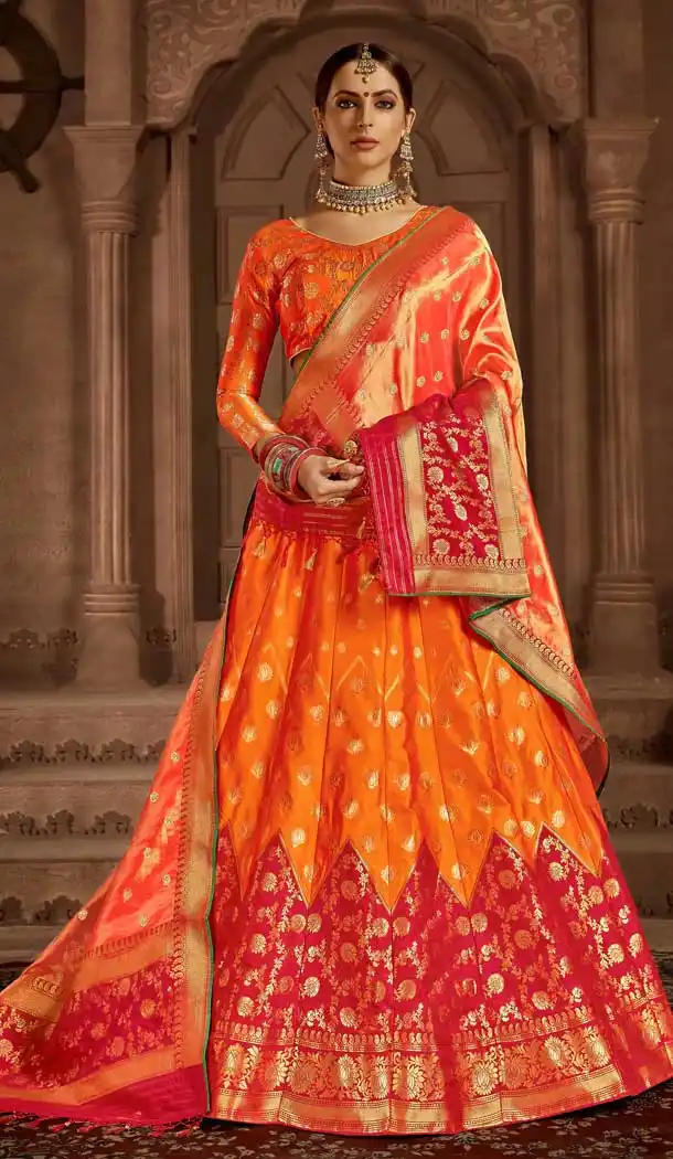  Orange Pink Color Banarasi Silk Designer Wedding Lehenga Choli -686085798