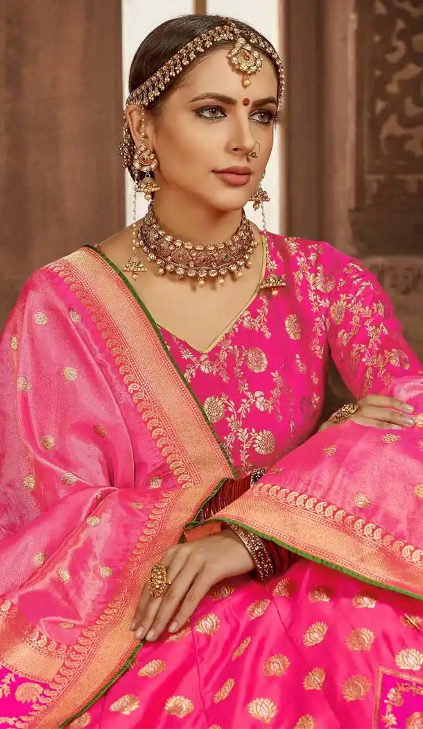 Tantalizing Pink Color Banarasi Silk Designer Wedding Lehenga Choli -686085800